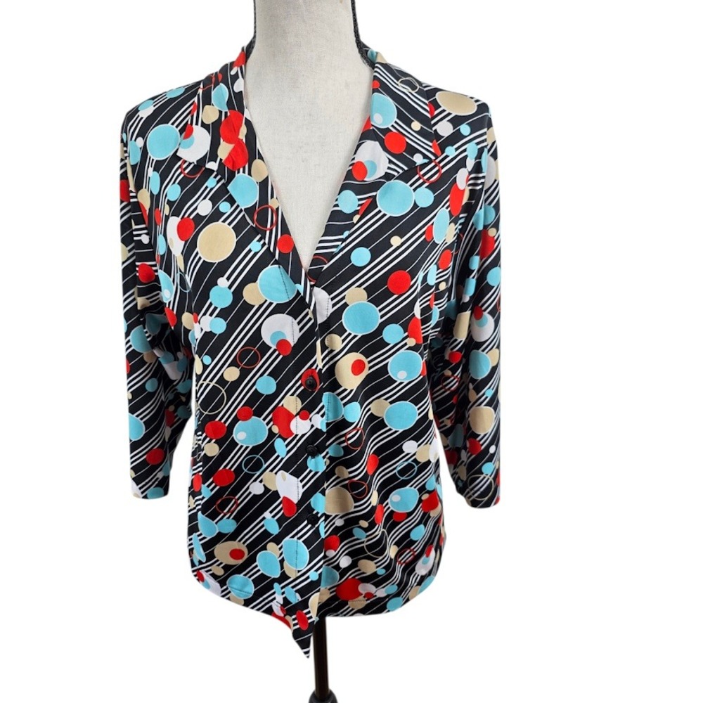 Andria Lieu Blouse Womens XL Multi‎ Color Polka Dot Stripe Button Front Top USA